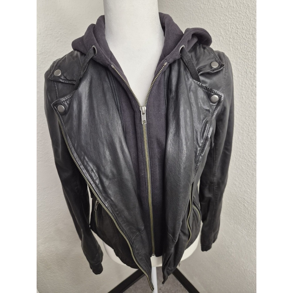 Caslon 100% Leather Moto Jacket With Removable hoodie In Black size S - Picture 2 of 16